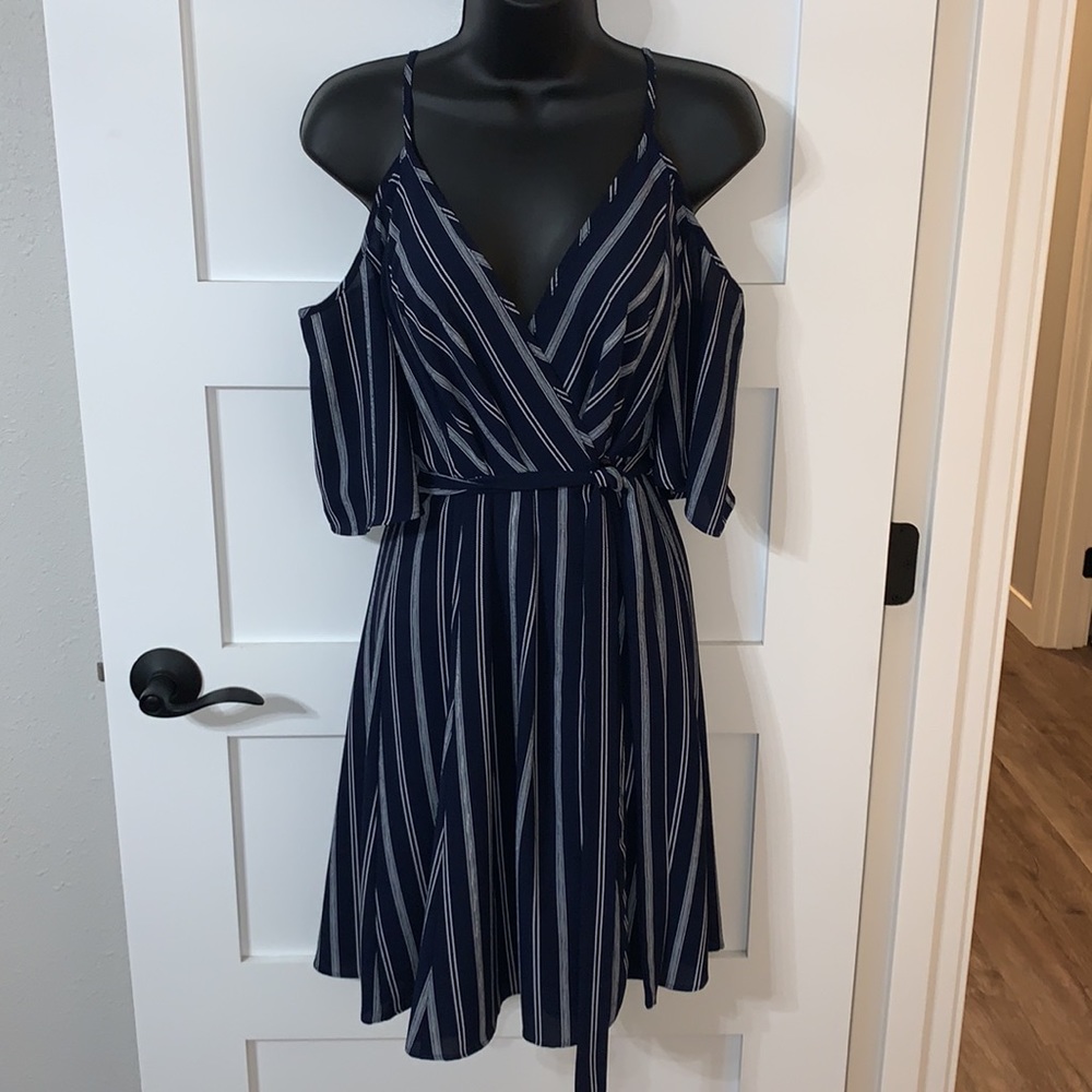 Rags To Wishes Boho Cold Shoulder Wrap Dress L. Navy Blue w/White Stripes